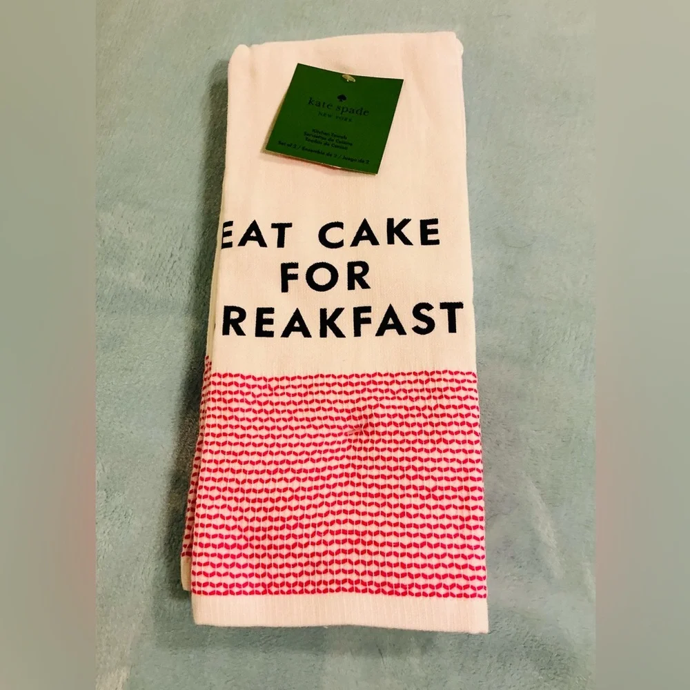 Kate Spade Set Of Two Cotton Kitchen Towels Eat Cake For Breakfast 17 x 28 NEW